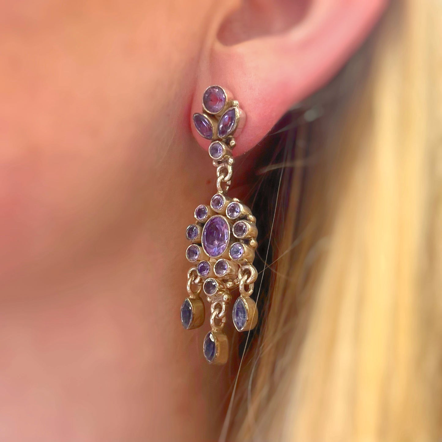 Edwardian Inspired Sterling Silver Purple Amethyst Drop Earrings