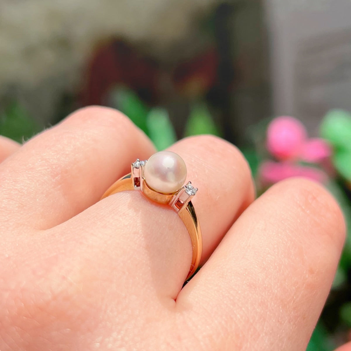Classic Vintage Pearl and Diamond 9ct Yellow Gold Trilogy Ring | Size O ½