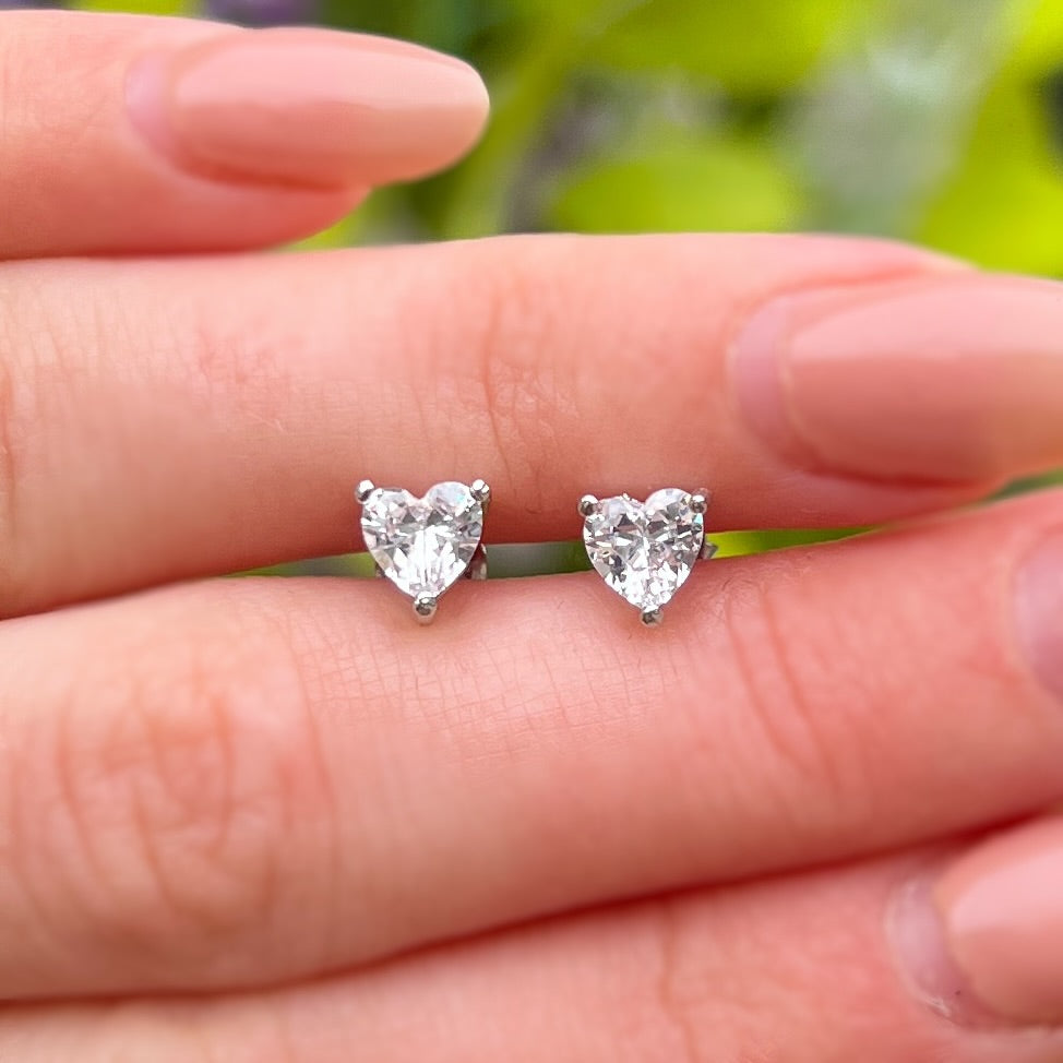 Claw Set Faceted Cubic Zirconia Sterling Silver Heart Stud Earrings