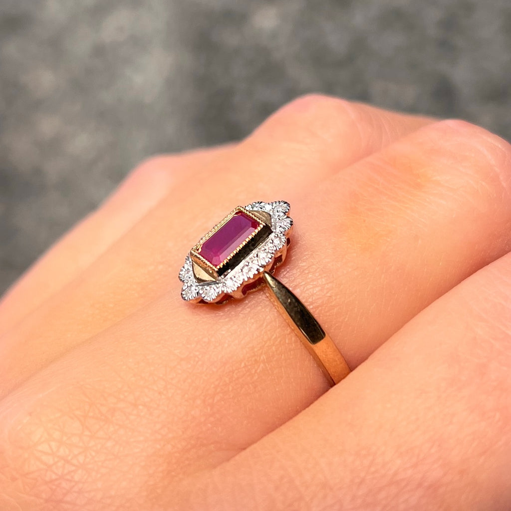 'The Snow' Ruby and Diamond 9ct Yellow Gold Ring | Size N ½