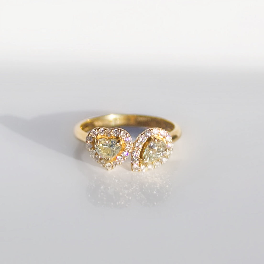 'The Lovers' Ring - 18ct Yellow Gold Toi et Moi Ring with Heart and Pear-Shaped Natural Yellow Diamonds Size M 1/2