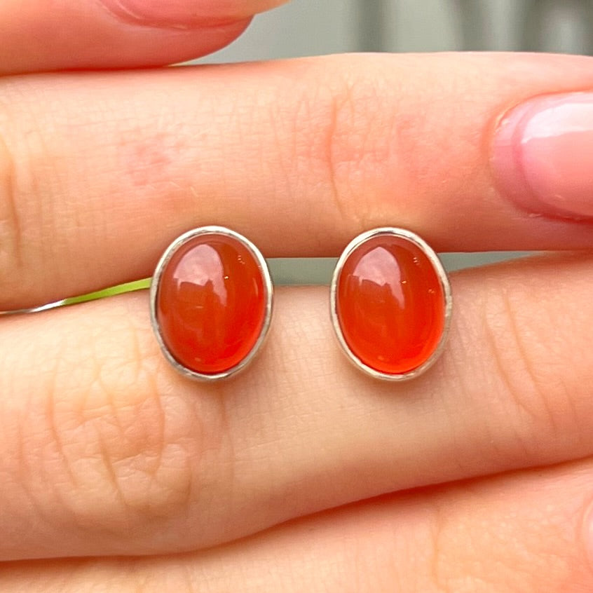 Sterling Silver Orange Carnelian Oval Stud Earrings