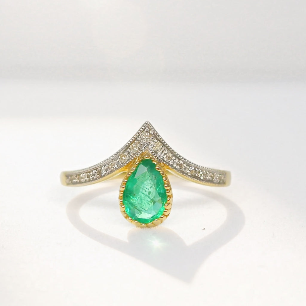 'The Ariel' Emerald and Diamond 9ct Yellow Gold Wishbone Ring | Size N ½