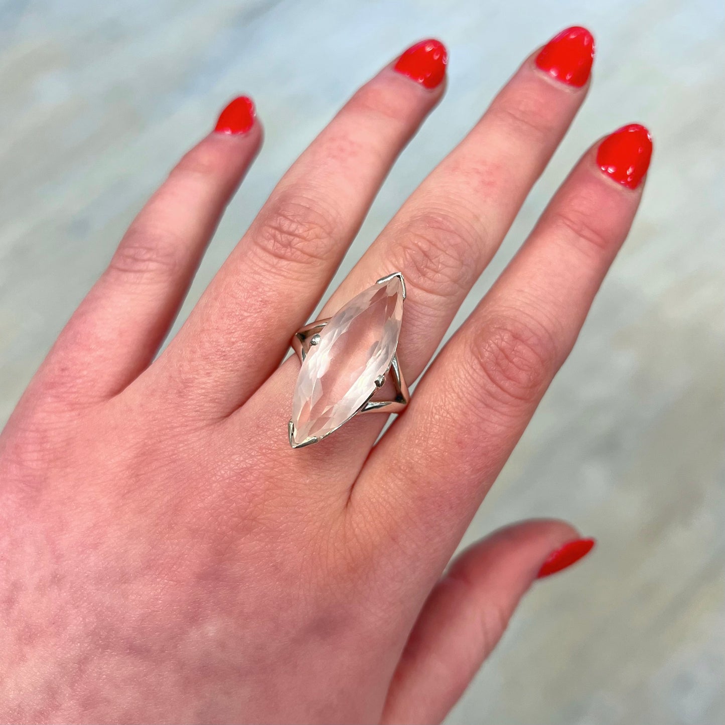 Pink Rose Quartz Sterling Silver Marquise Cut Ring - Size Q