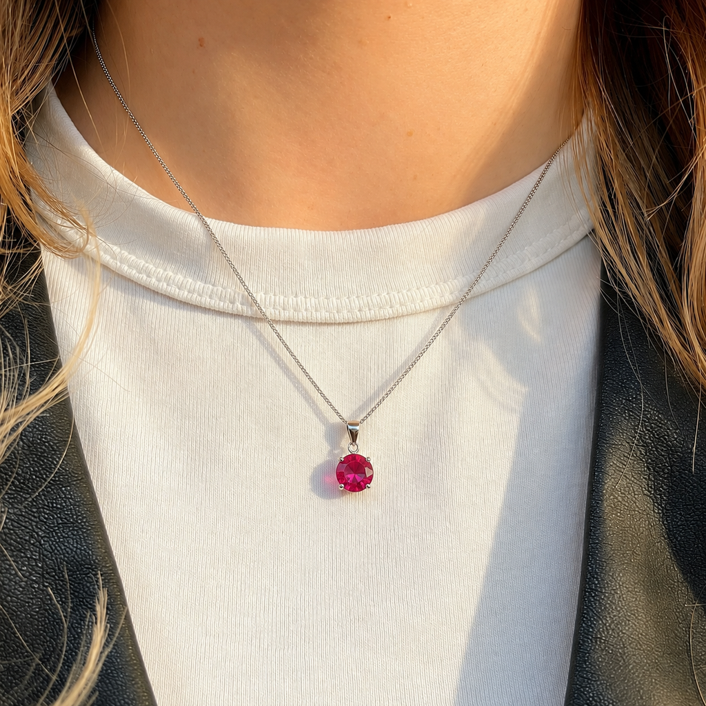 Round-Cut Lab-Grown Ruby Sterling Silver Matching Necklace and Earring Set