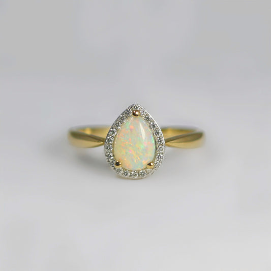 Elegant 9ct Yellow Gold Opal and Diamond Pear Shaped Halo Ring - Size N 1/2