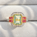 Art Deco Inspired Green Amethyst and Pink Tourmaline 9ct Yellow Gold Ring