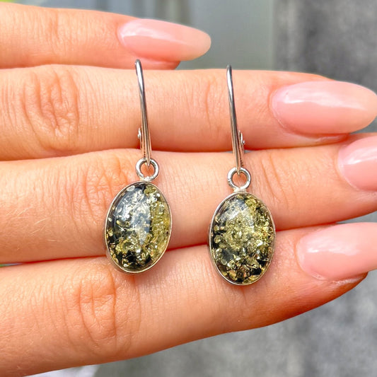 Green Amber Sterling Silver Oval Drop Earrings