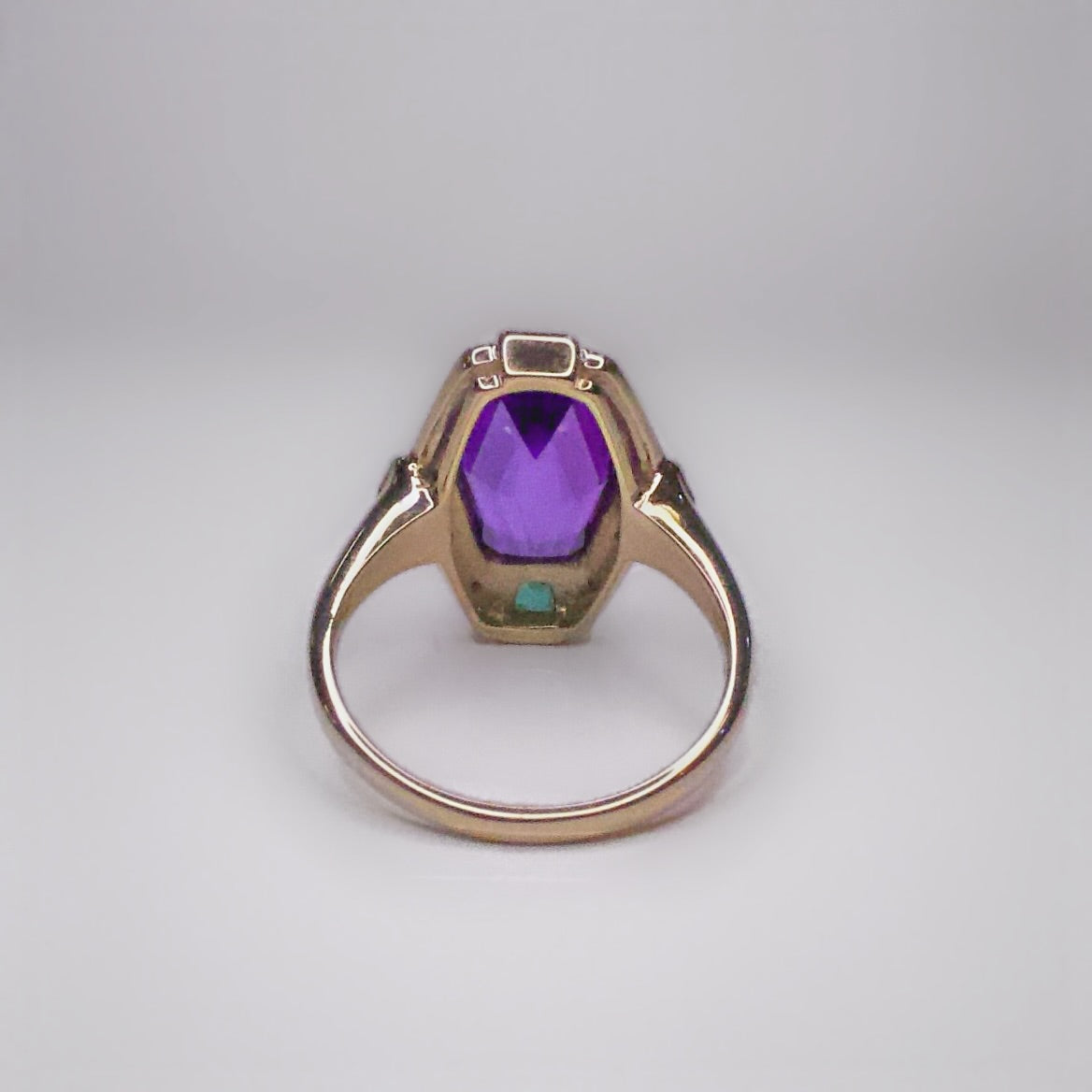 Art Deco Inspired 9ct Yellow Gold Amethyst Emerald and Diamond Ring- Size N