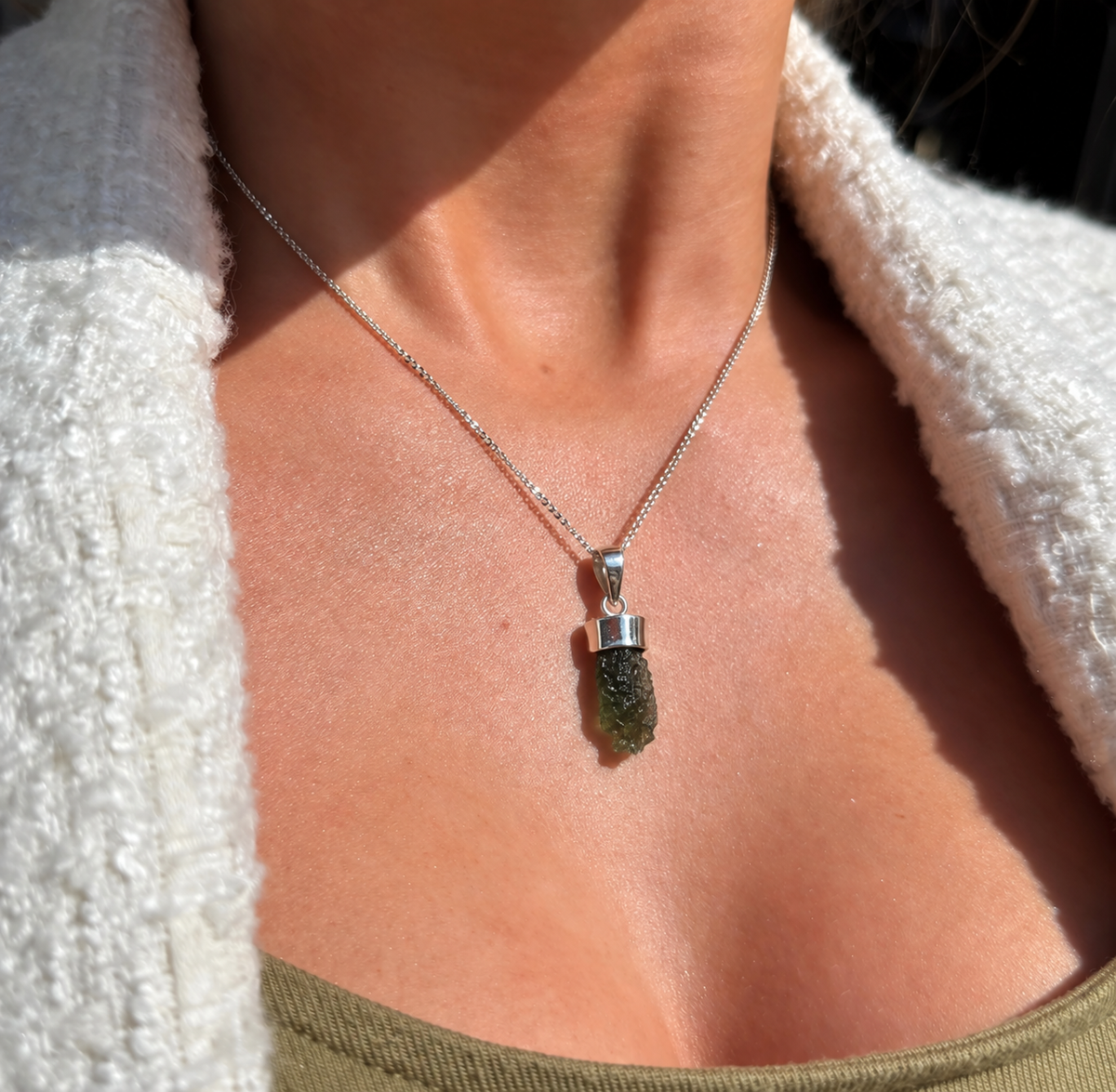 Rough Cut Green Moldavite Sterling Silver Pendant