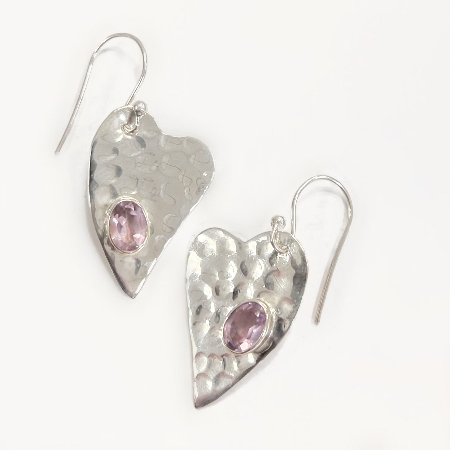 Sterling Silver Amethyst Hammered Heart Drop Earrings