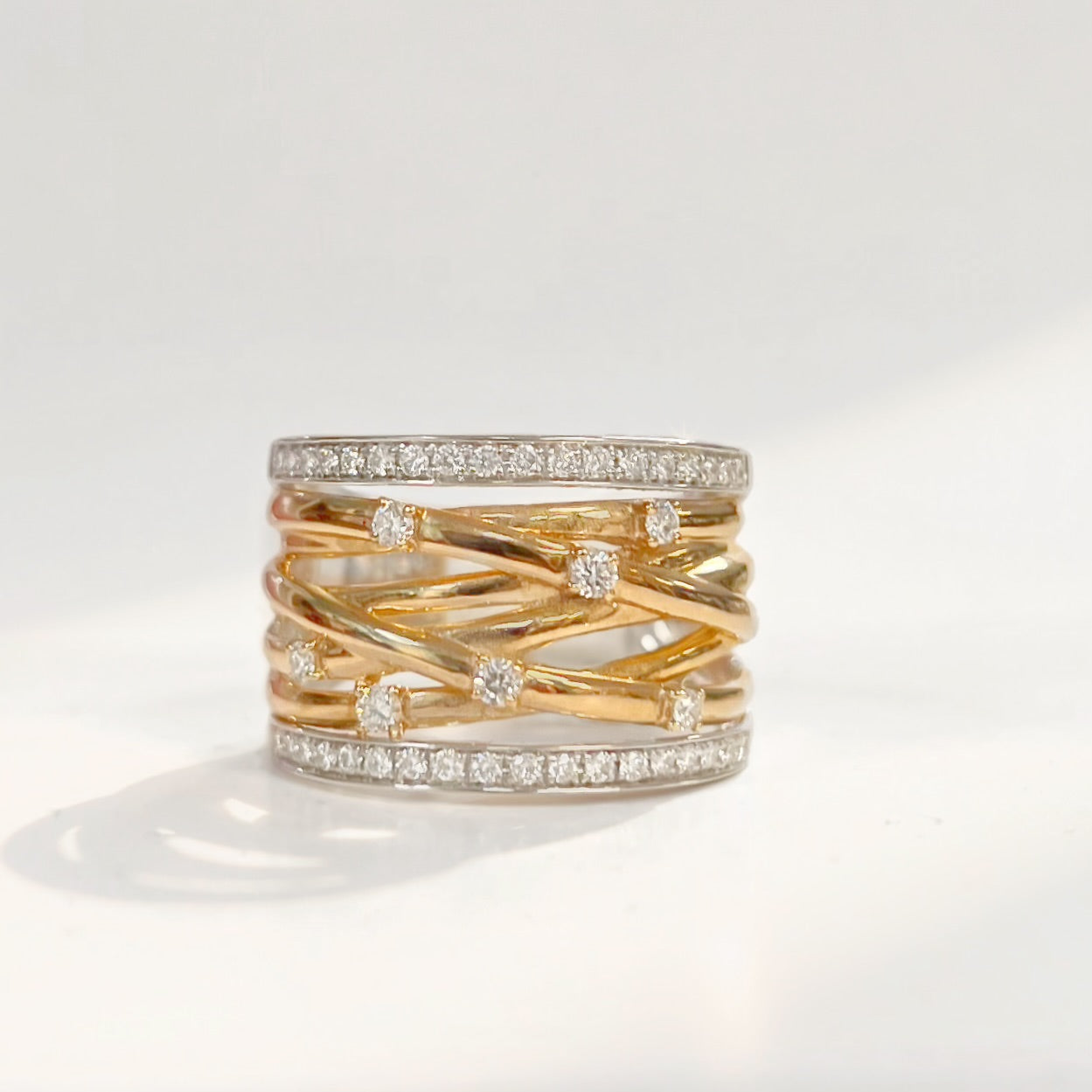 Unusual 9ct Gold Two Tone Wide Diamond Band Ring - Size O