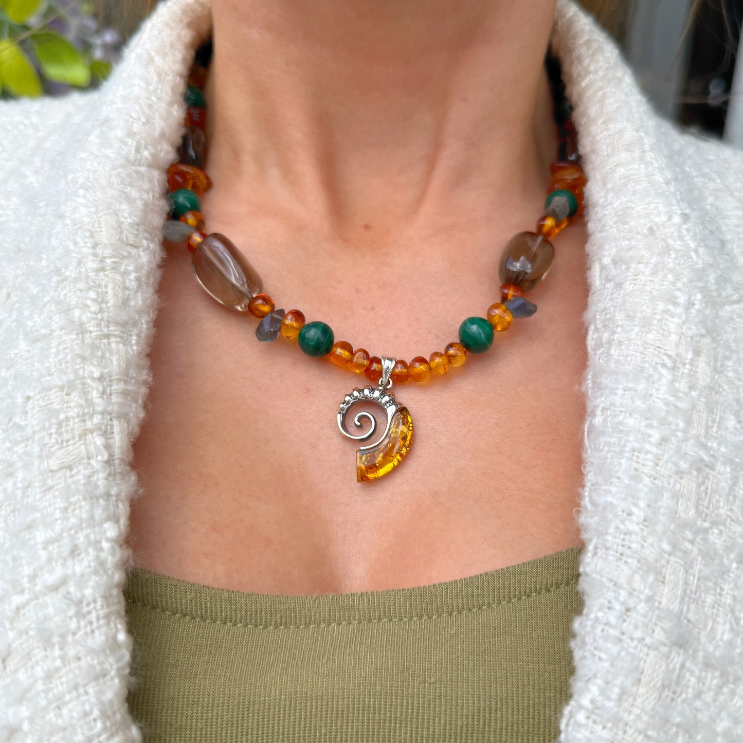 Orange Amber, Green Malachite, Dark Labradorite & Smoky Quartz Fossil Design Sterling Silver Beaded Necklace