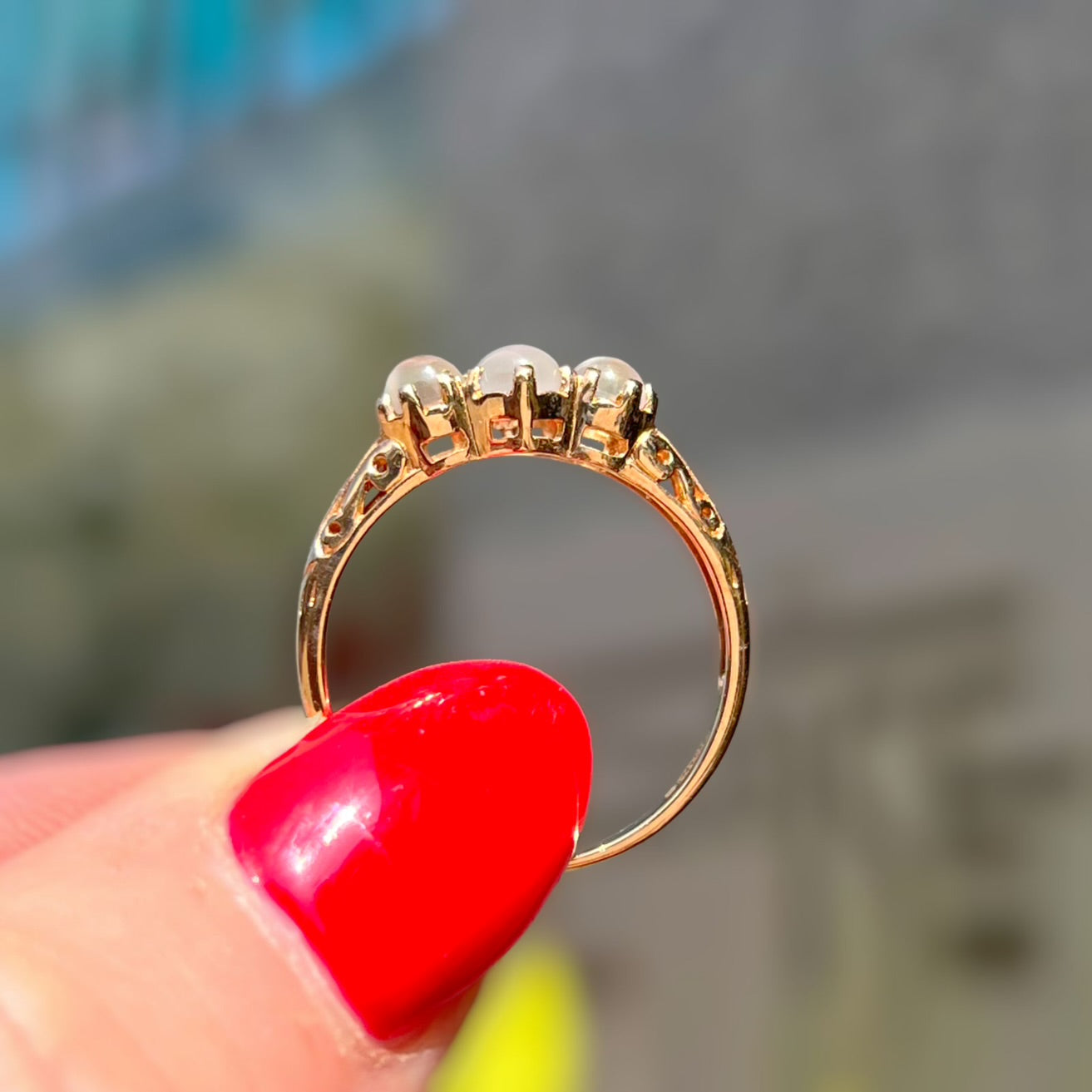 Antique Inspired 9ct Yellow Gold Moonstone Dainty Trilogy Ring - Size M