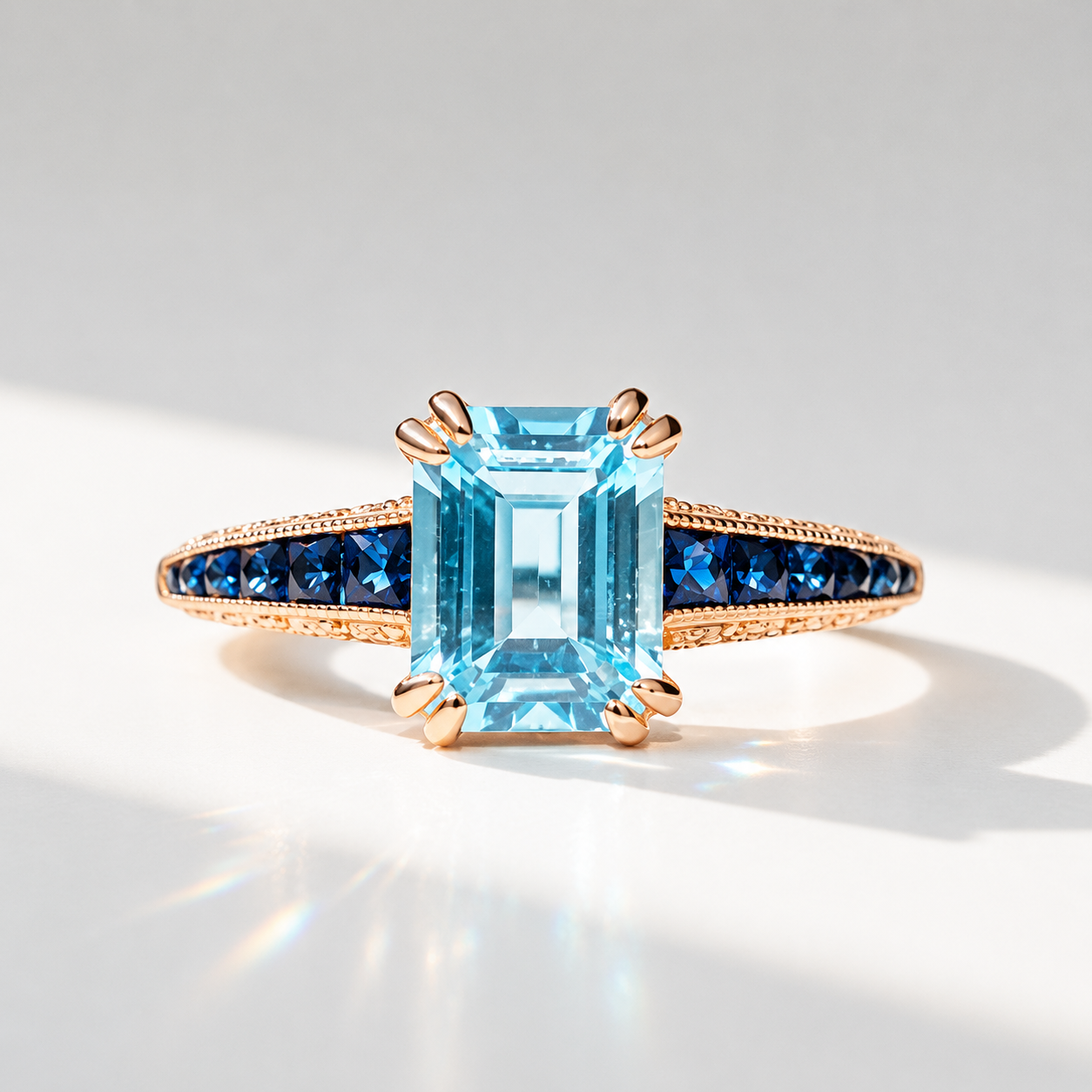 Blue Topaz Sapphire and Diamond 9ct Yellow Gold Engagement Ring | Size M ½