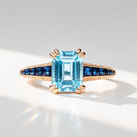 Blue Topaz Sapphire and Diamond 9ct Yellow Gold Engagement Ring | Size M ½