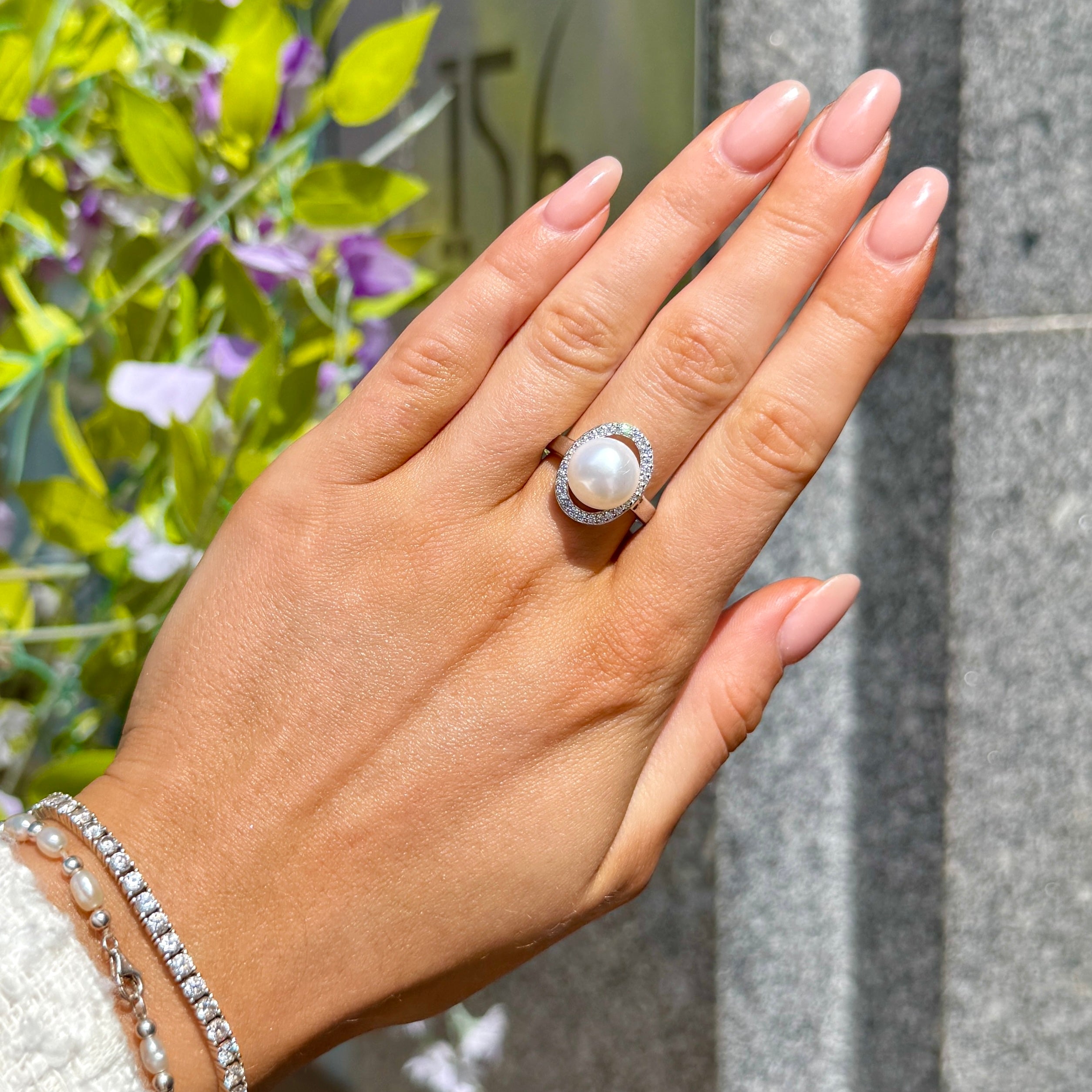 Cubic Zirconia and Pearl Sterling Silver Swirl Ring | Size M ½