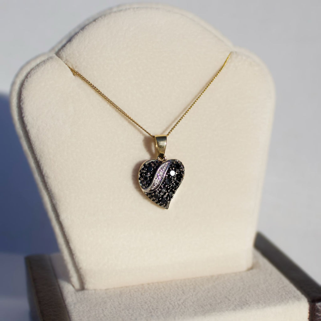 Vintage Black Diamond 9ct Yellow Gold Witch's Heart Necklace