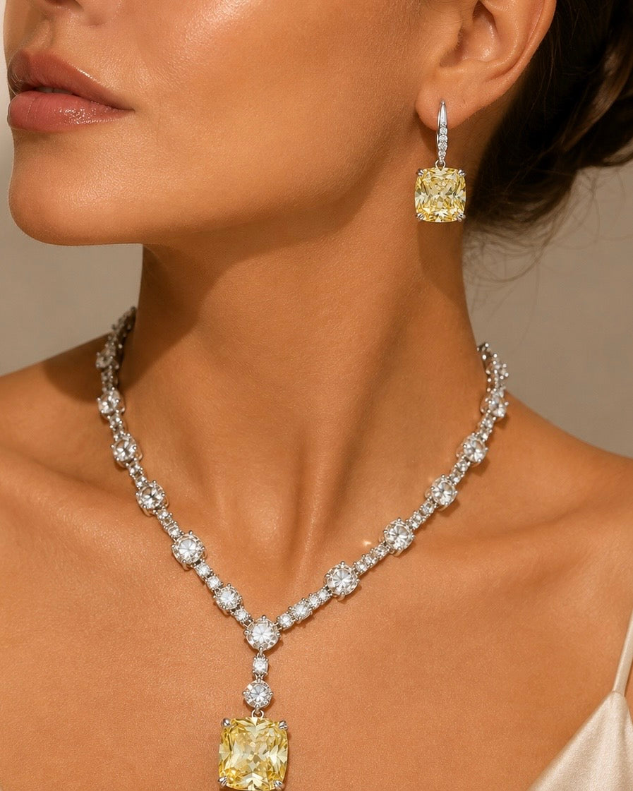 Lemon Yellow Square Cut Cubic Zirconia Sterling Silver Drop Earrings