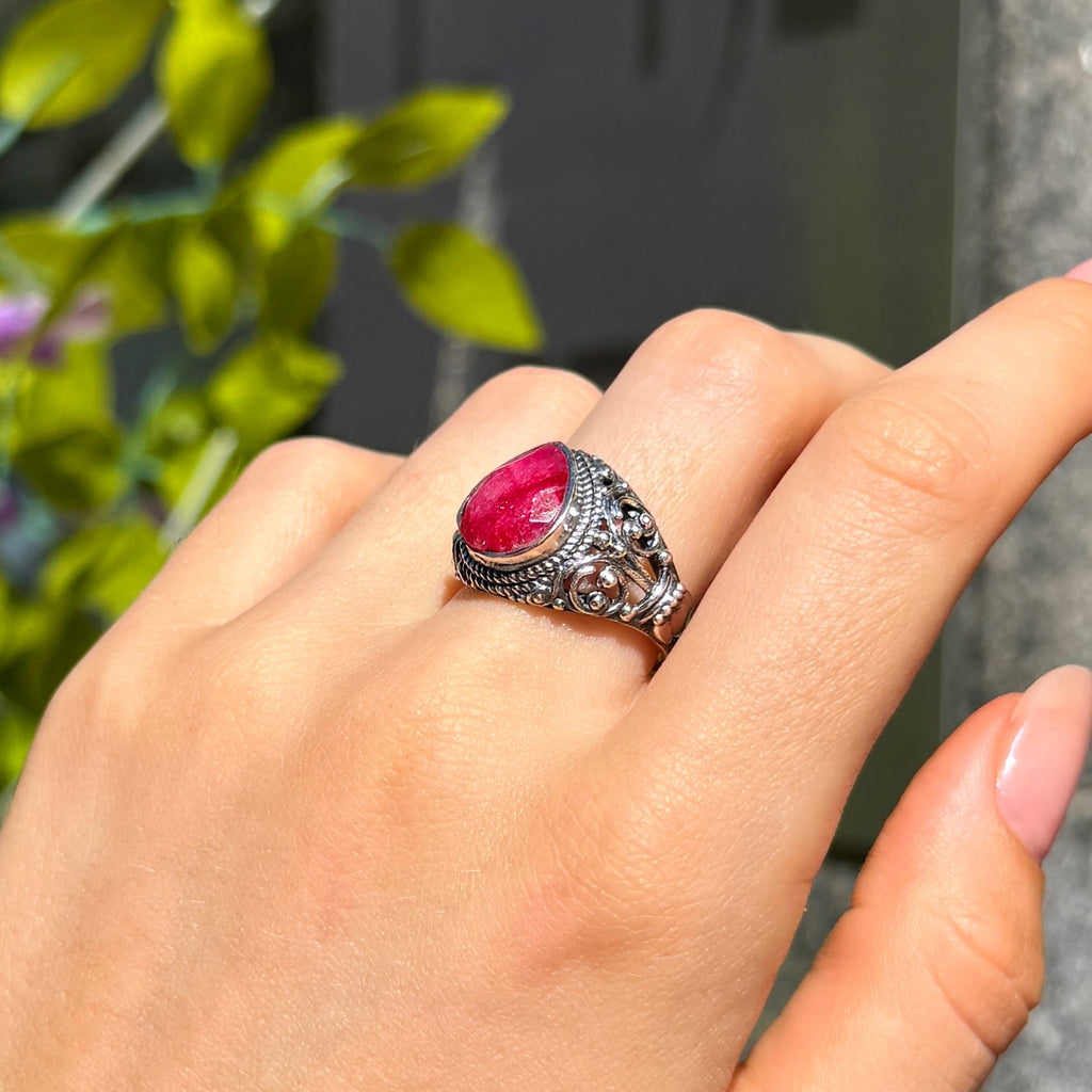 Pear Cut Ruby Sterling Silver Boho Chunky Ring | Size O
