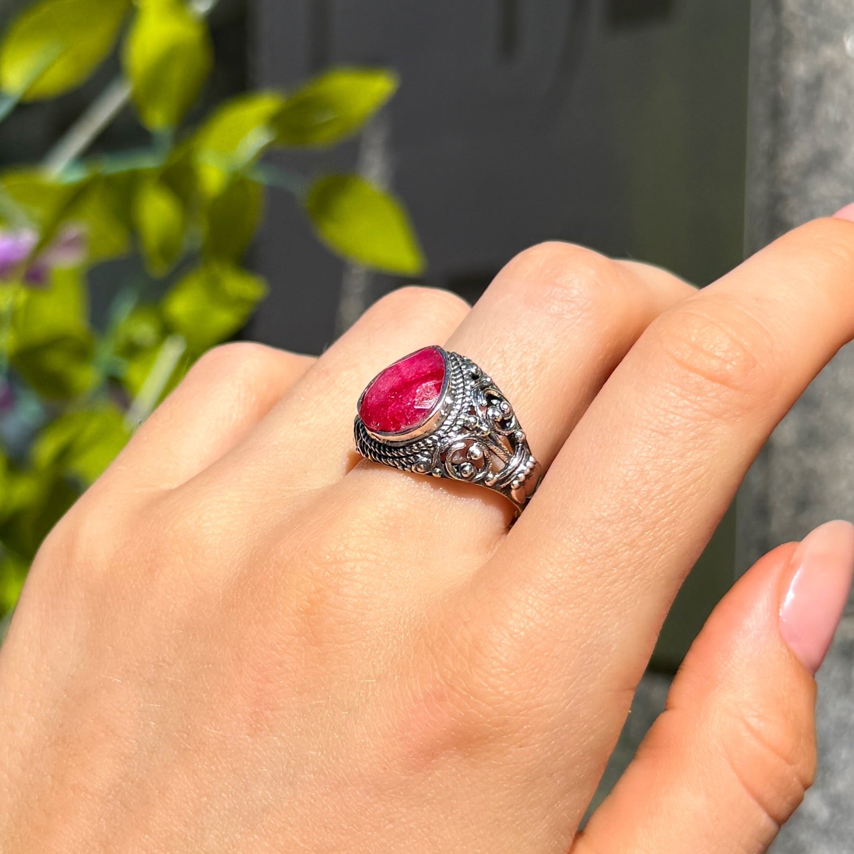 Pear Cut Ruby Sterling Silver Boho Chunky Ring | Size O