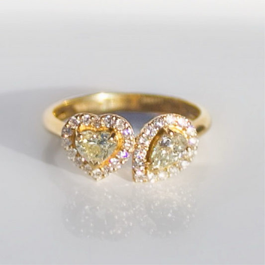 'The Lovers' Ring - 18ct Yellow Gold Toi et Moi Ring with Heart and Pear-Shaped Natural Yellow Diamonds Size M ½