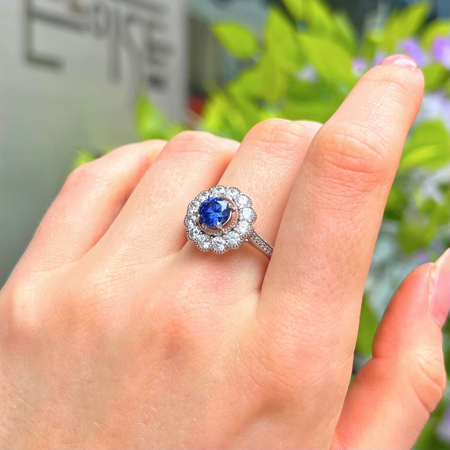 Blue Cubic Zirconia Sterling Silver Halo Ring | Size O ½