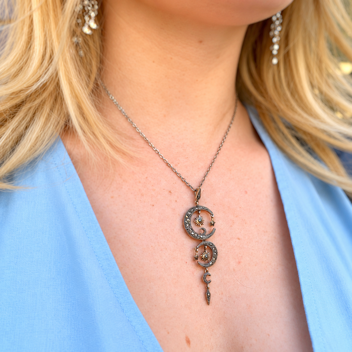 Marcasite Celestial Moon and Star Universe Sterling Silver Necklace