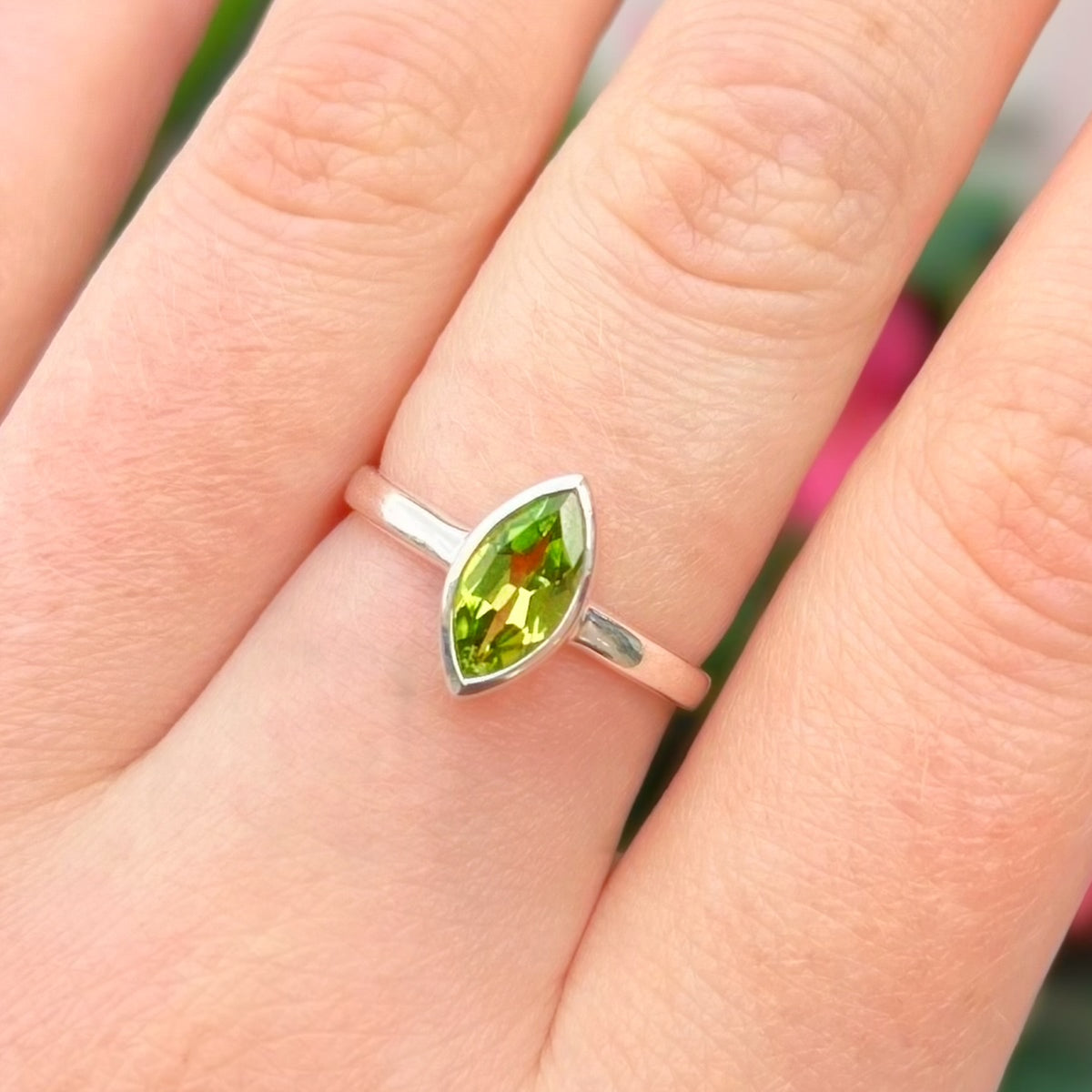 Minimalist Marquise Peridot Sterling Silver Bezel Set Solitaire Ring