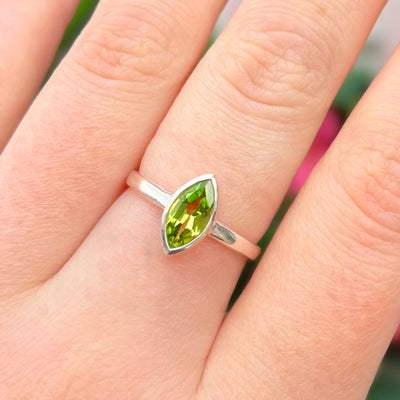 Minimalist Marquise Peridot Sterling Silver Bezel Set Solitaire Ring