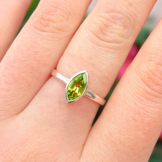 Minimalist Sterling Silver Bezel Set Marquise Peridot Solitaire Ring