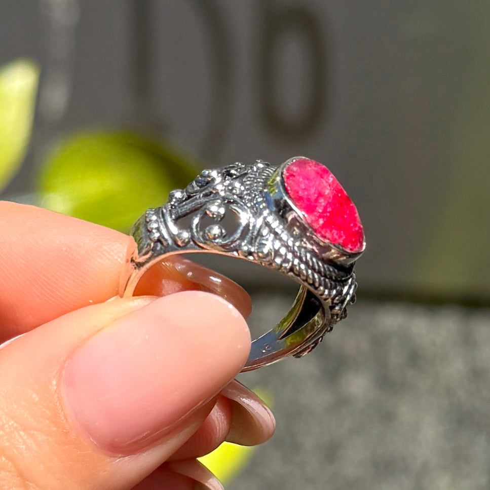 Pear Cut Ruby Sterling Silver Boho Chunky Ring | Size O