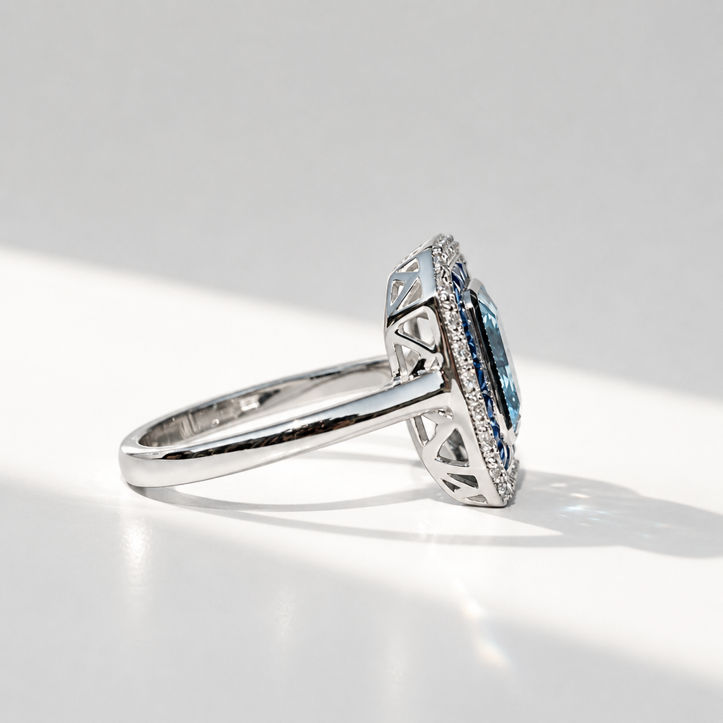 Art Deco Reproduction Blue Topaz, Sapphire and Diamond 9ct White Gold Ring | Size M ½