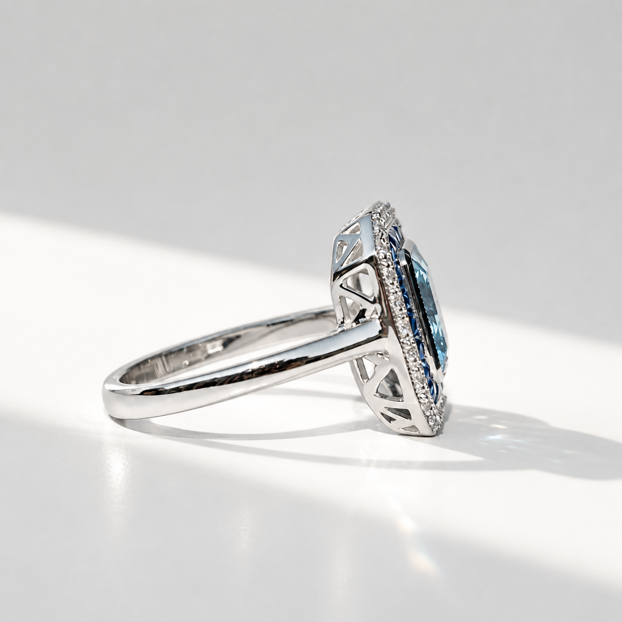 Art Deco Reproduction Blue Topaz, Sapphire and Diamond 9ct White Gold Ring | Size M ½