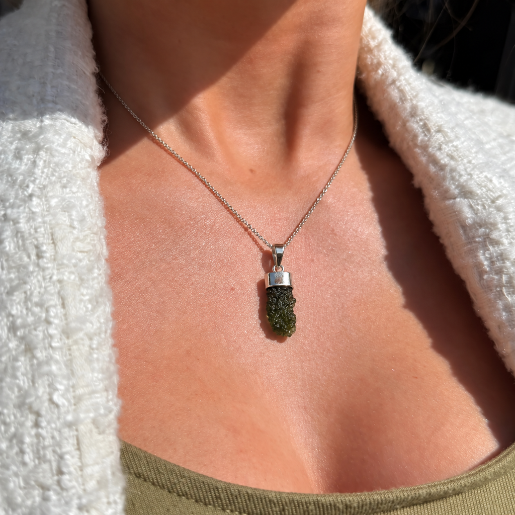 Rough Cut Green Moldavite Sterling Silver Pendant