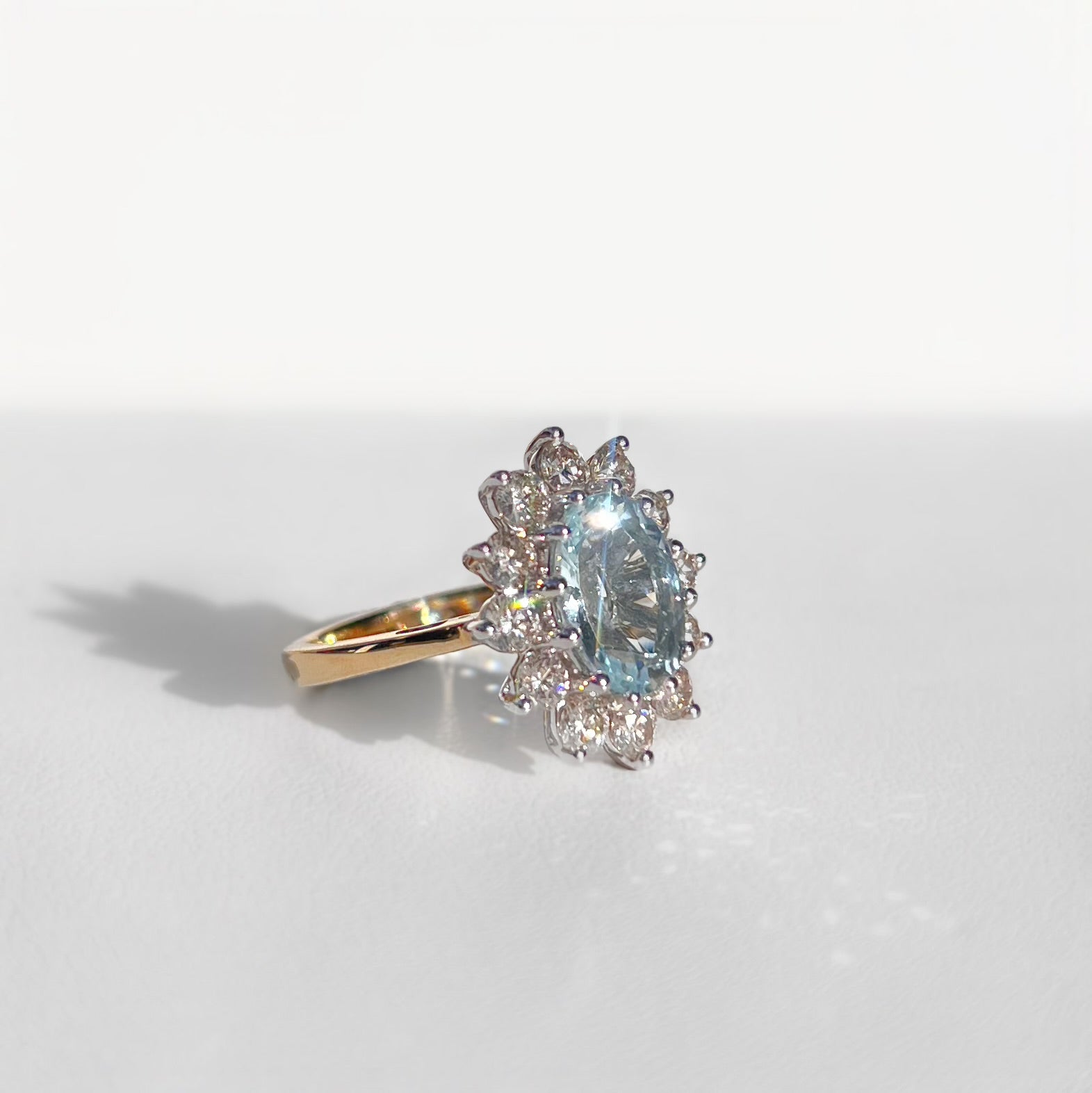 Aquamarine and Diamond Classic Cluster 14ct Yellow Gold Ring | Size N ½