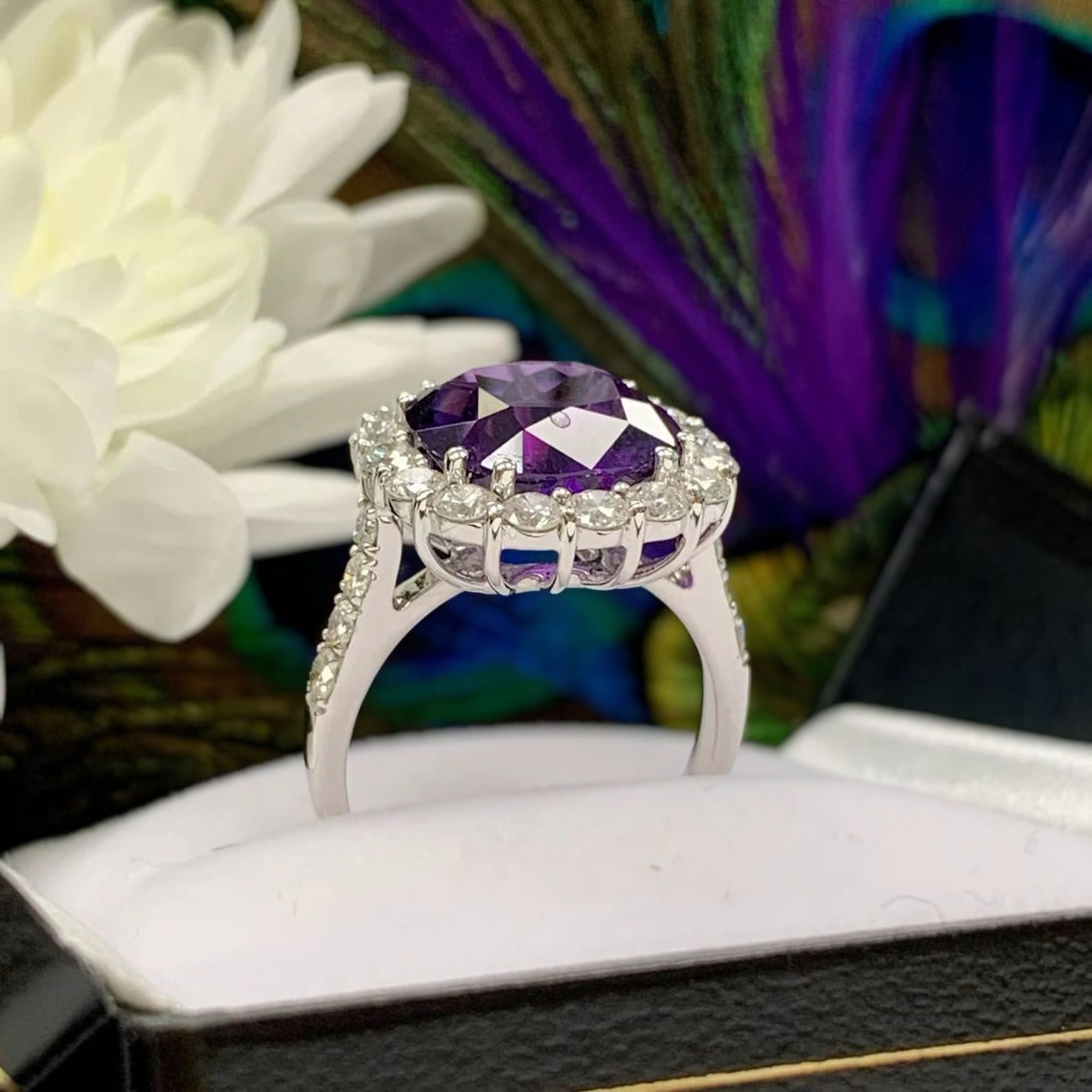 'Elizabeth' Ring - Spectacular 18ct White Gold Amethyst and Diamond Statement Dress Ring – Size N 1/2