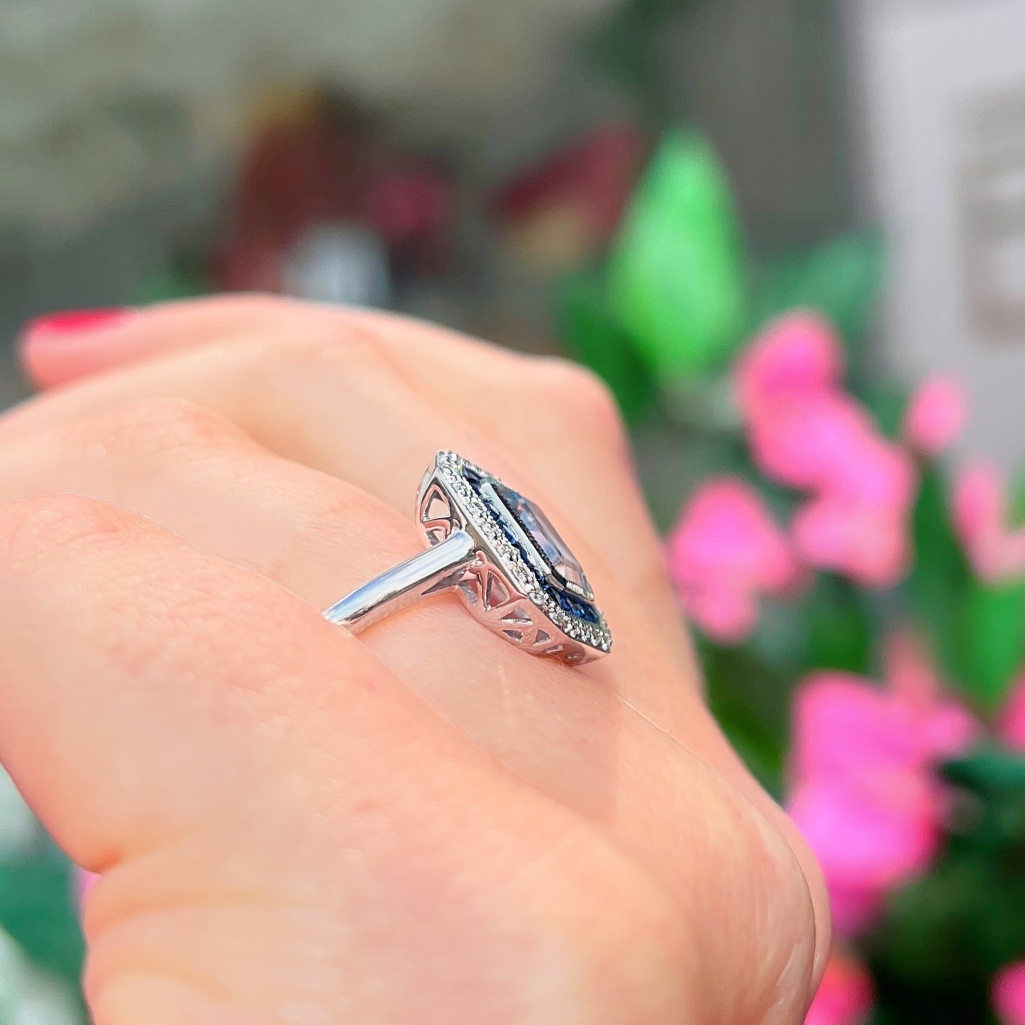 Art Deco Reproduction Blue Topaz, Sapphire and Diamond 9ct White Gold Ring | Size M ½