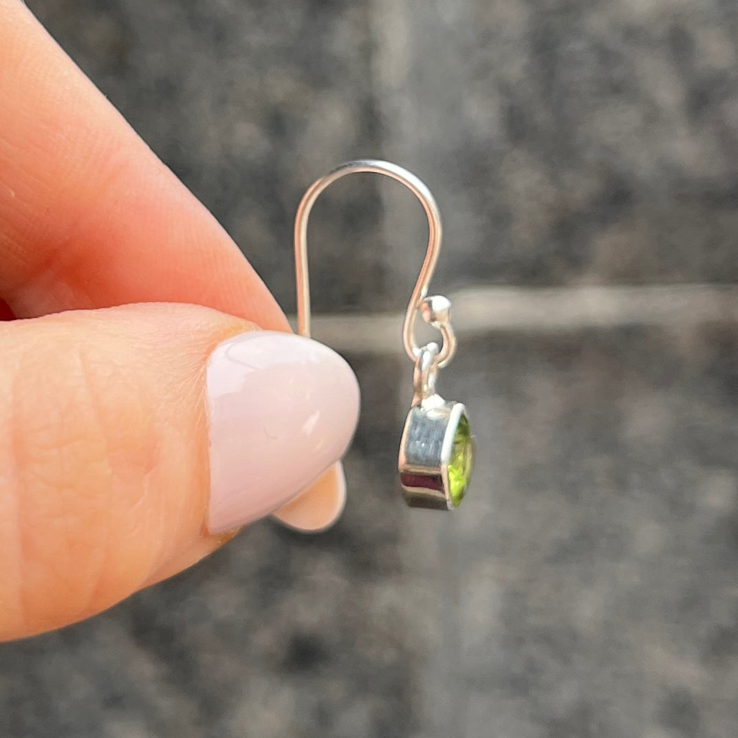 Dainty Minimalistic Offset Square Sterling Silver Peridot Drop Earrings