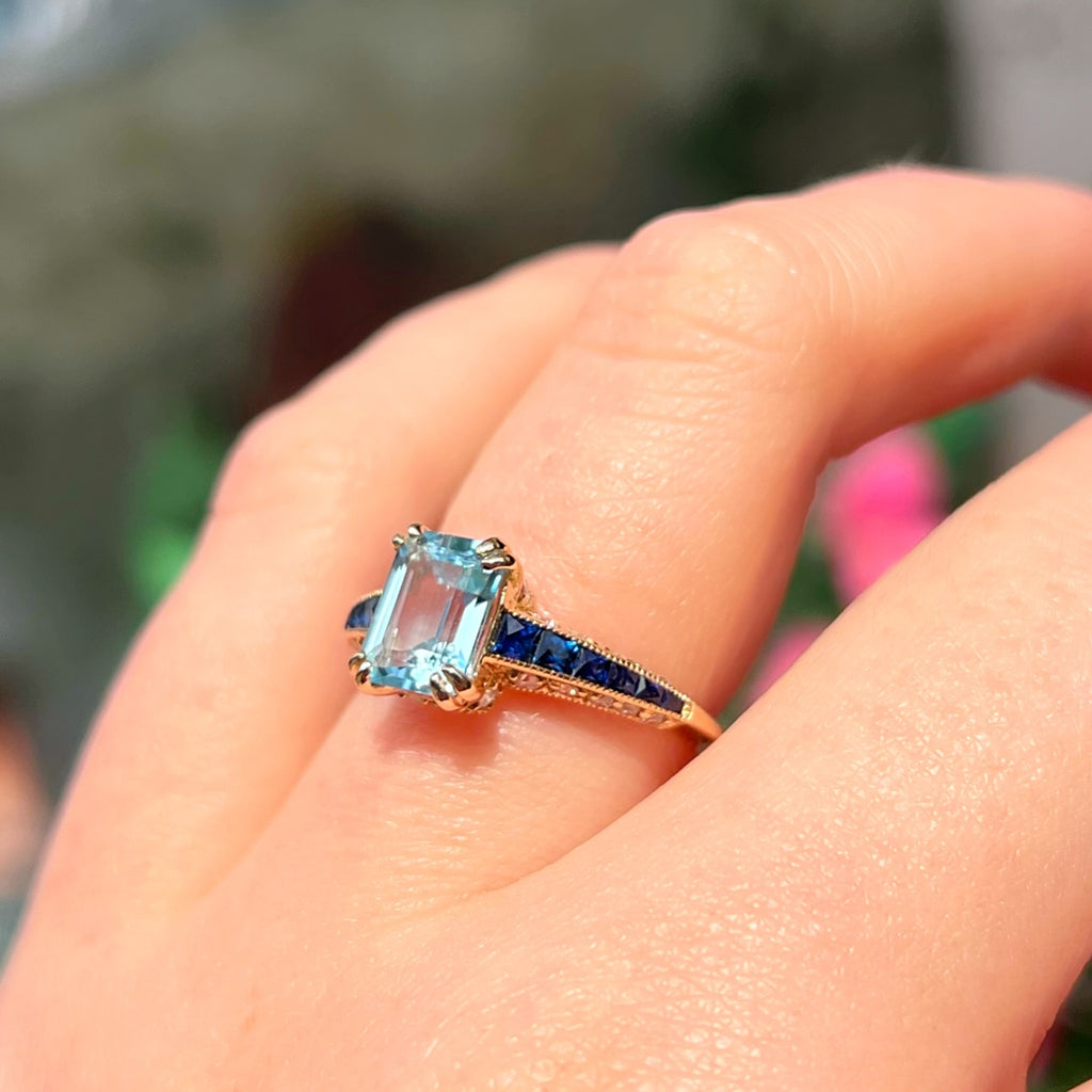 Blue Topaz Sapphire and Diamond 9ct Yellow Gold Engagement Ring | Size M ½