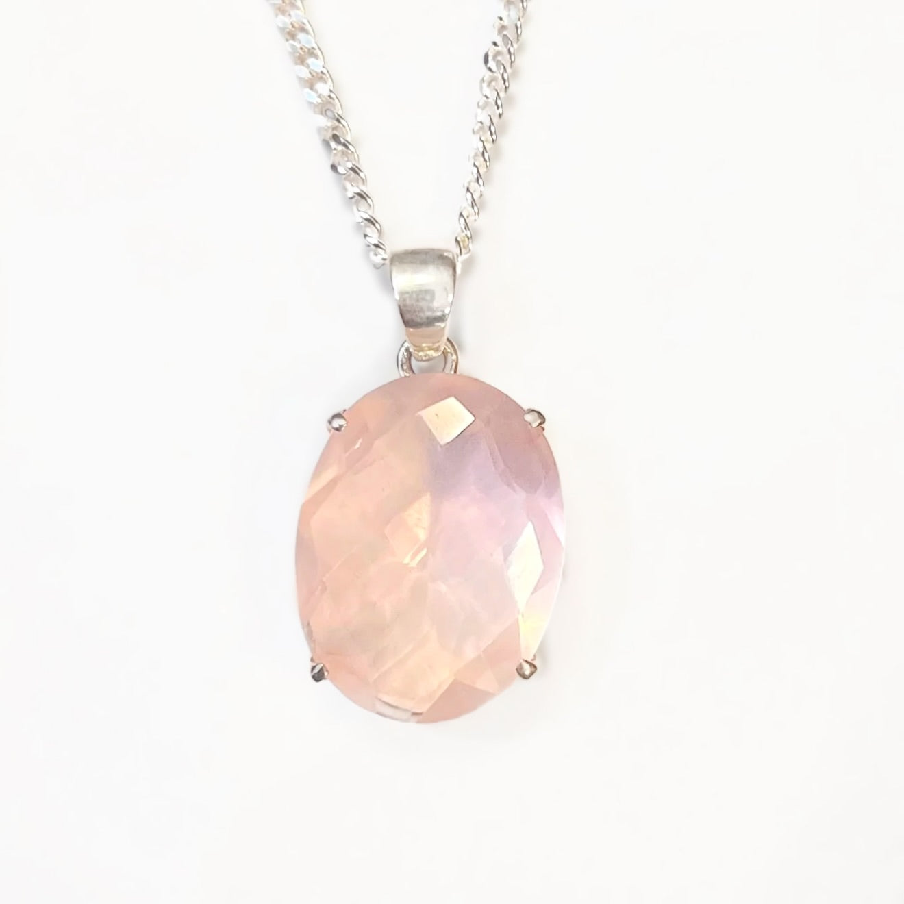 Pink Rose Quartz Sterling Silver Pendant & Chain