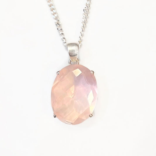 Pink Rose Quartz Sterling Silver Pendant & Chain