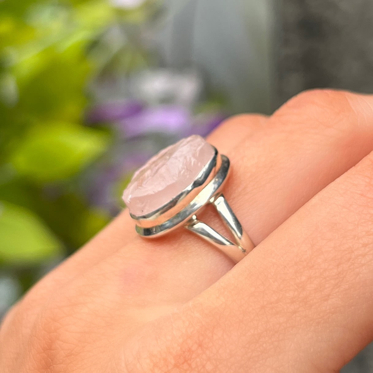 Sterling Silver Rough Oval Cut Pink Rose Quartz Ring - Size M