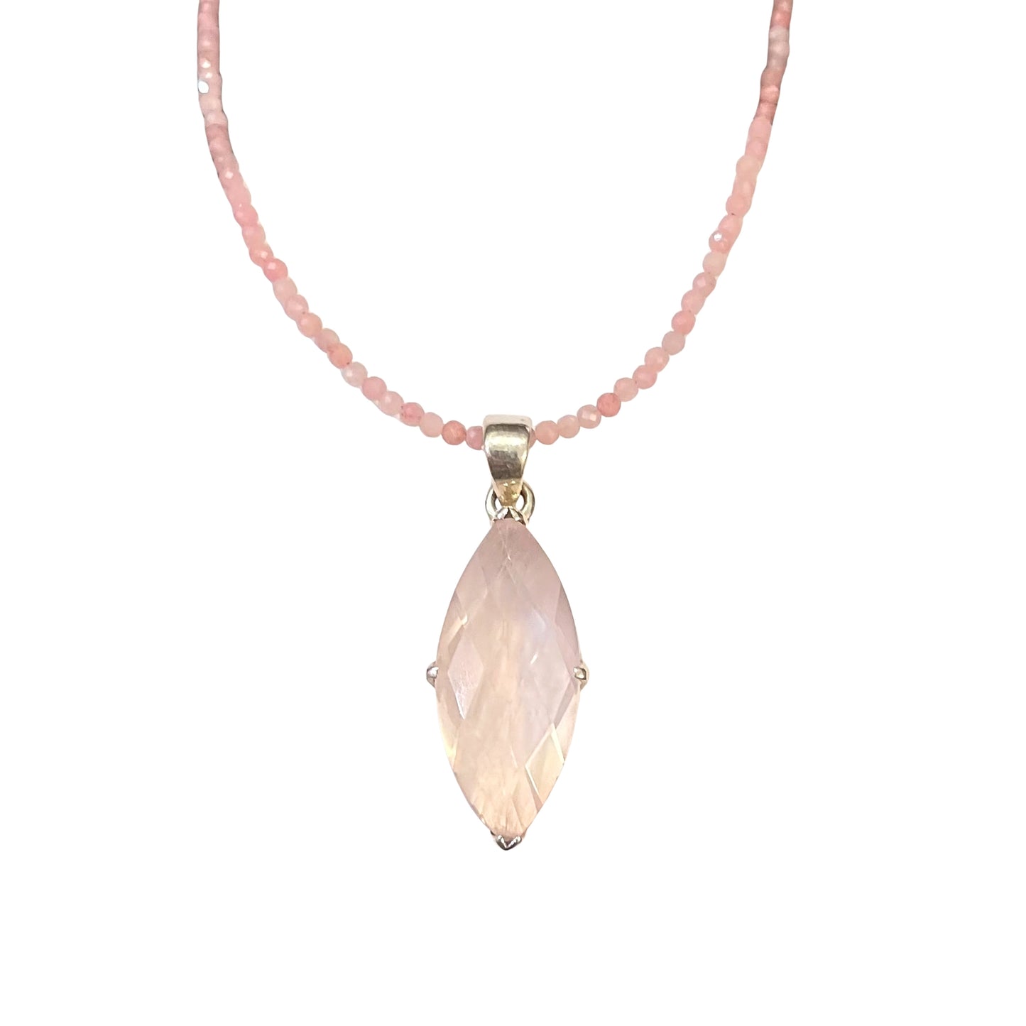 Pink Rose Quartz Marquise Cut Sterling Silver Beaded Necklace