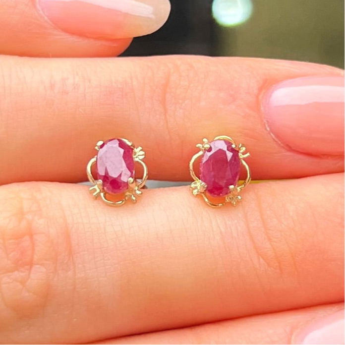Pink Ruby Oval Cut 9ct Yellow Gold Dainty Stud Earrings