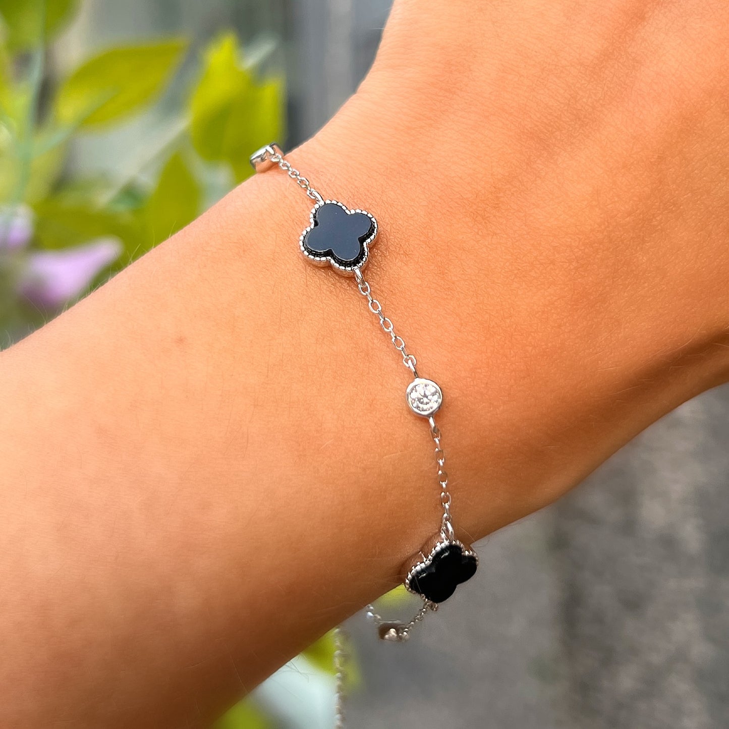 Dainty Sterling Silver Black Onyx & Cubic Zirconia Clover Bracelet