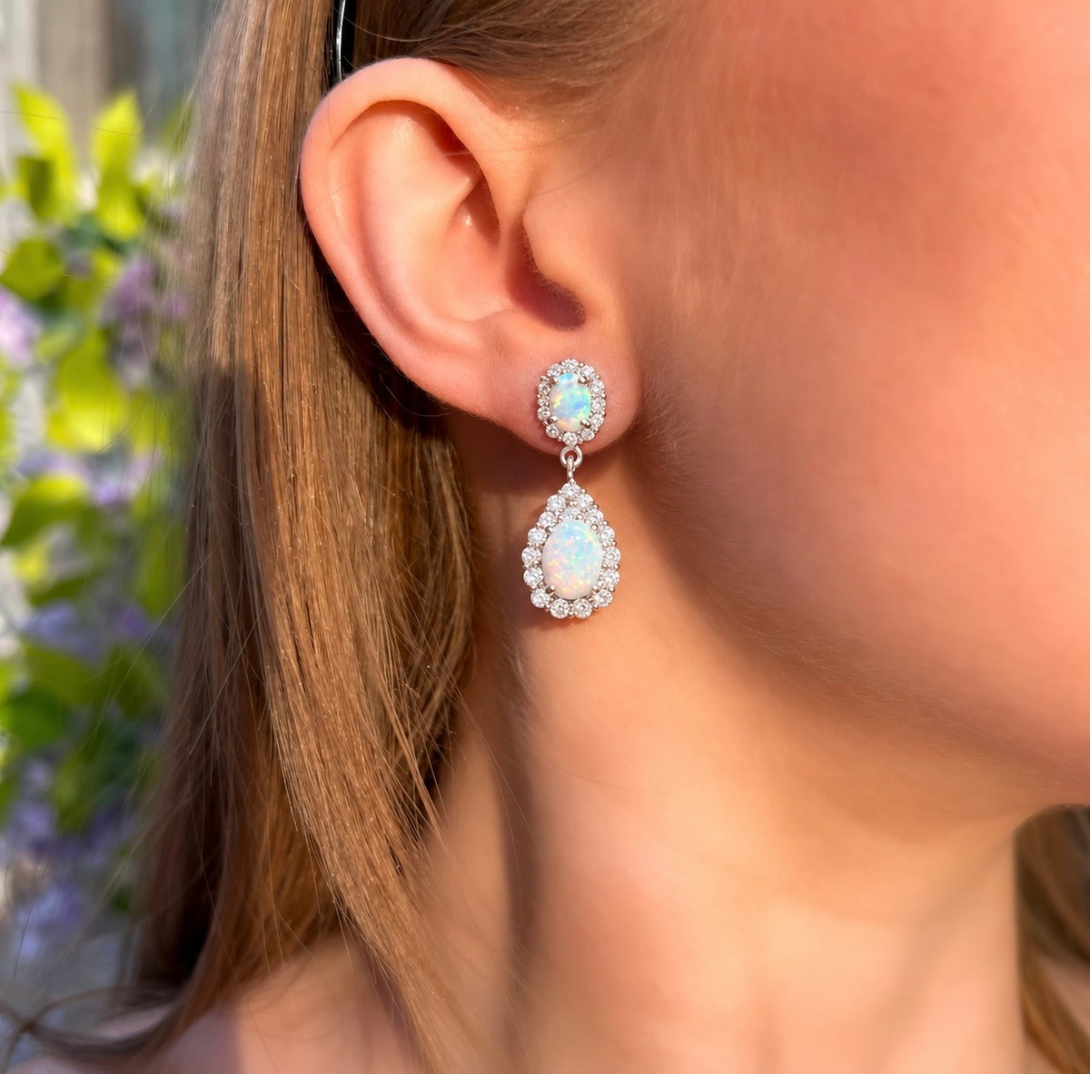 Opal & Cubic Zirconia Sterling Silver Teardrop Earrings
