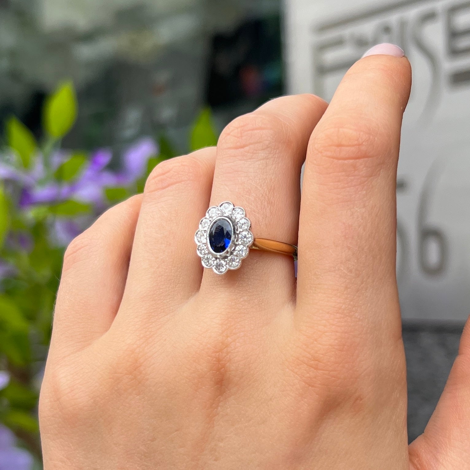 Ceylon Sapphire and Diamond 18ct Yellow Gold Cluster Ring | Size M ½