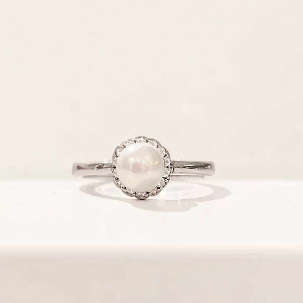 Pearl and Cubic Zirconia Sterling Silver Halo Cluster Dainty Ring | Size L