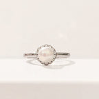Pearl and Cubic Zirconia Sterling Silver Halo Cluster Dainty Ring | Size L